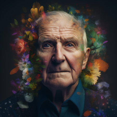 Portrait of an elderly man with colorful flowers on a dark backgroundの素材