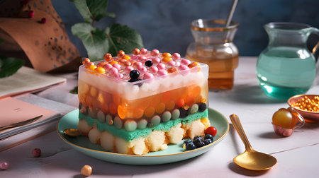 Cake decorated with multicolored jelly balls and berries. Selective focus.の素材