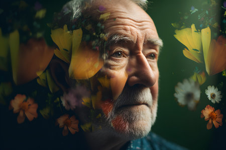 Portrait of an elderly man with a gray beard and a mustache on a green background with flowersの素材