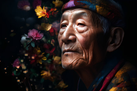 Portrait of an old asian woman with flowers on black backgroundの素材