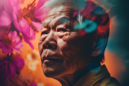 Portrait of an old asian woman with flowers on a backgroundの素材