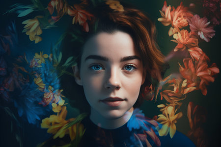 Portrait of a beautiful young woman with flowers in her hair.の素材