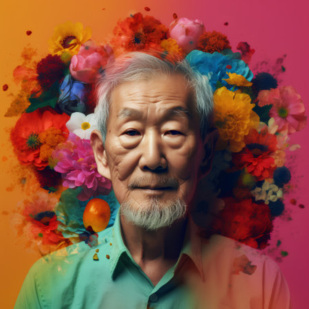 Portrait of a senior asian man with colorful flowers on his headの素材