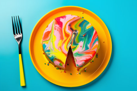 A piece of cake on a yellow plate with a fork on a blue backgroundの素材
