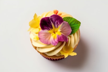 Cupcake decorated with pansy flowers on a white background.の素材
