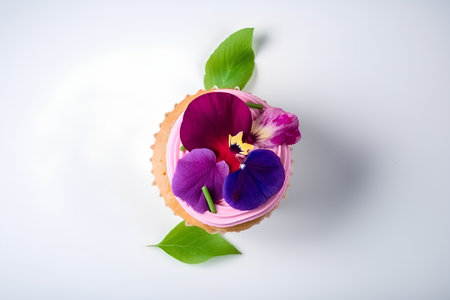 Delicious cupcake decorated with iris flowers on white background.の素材