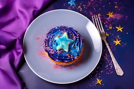 Blue cupcake with blue glaze and stars on a purple backgroundの素材