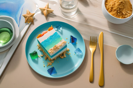 Piece of tasty birthday cake on plate with fork and knife on tableの素材