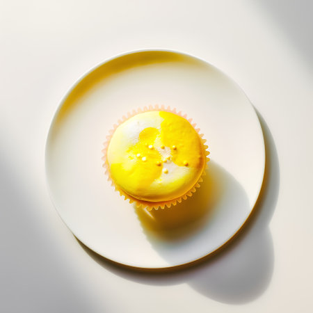 Yellow cupcake on white background. Top view, flat lay.の素材