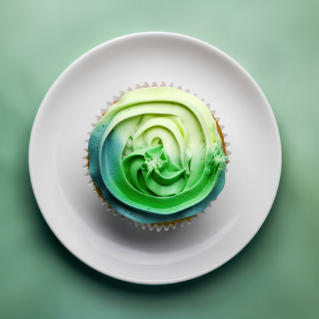 Cupcake with green buttercream frosting on a white plateの素材
