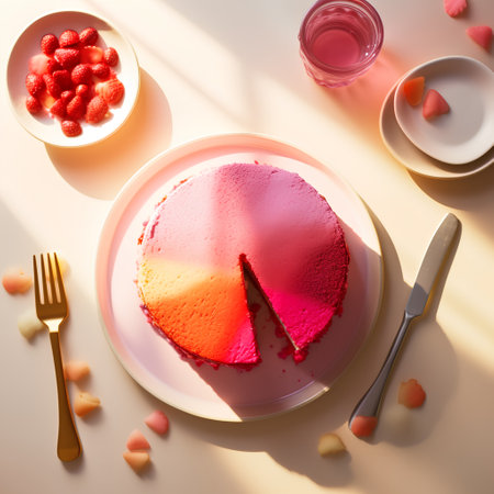 Piece of strawberry cheesecake on a plate with fork and knifeの素材