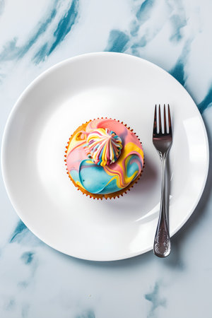 Cupcake on a white plate with a forkle backgroundの素材
