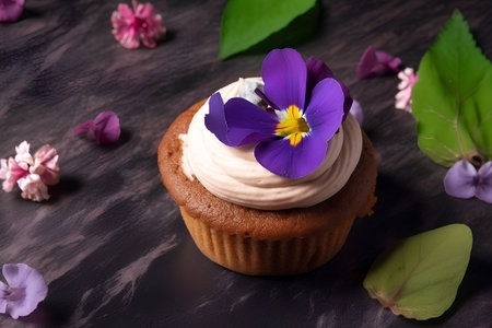 Tasty cupcake with cream and violet flowers on a dark backgroundの素材
