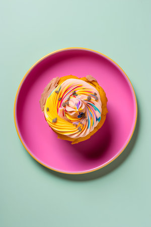 Colorful cupcake on a pink plate on a blue background.の素材