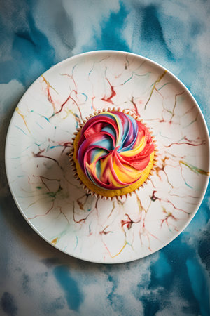 Cupcake with rainbow cream on a white plate on a blue backgroundの素材