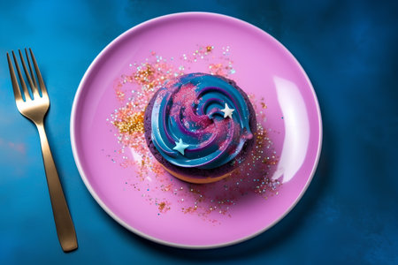 Cupcake with blue icing on a pink plate with golden forkの素材