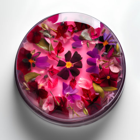 Petals of a flower in a glass bowl on a white backgroundの素材