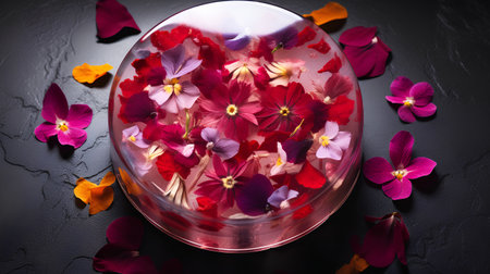 Beautiful flowers in a glass vase on a black background.の素材