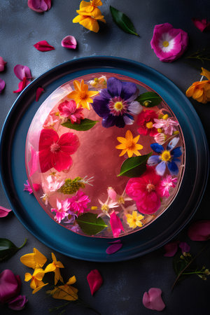 Beautiful flowers in a bowl of water on a dark background.の素材