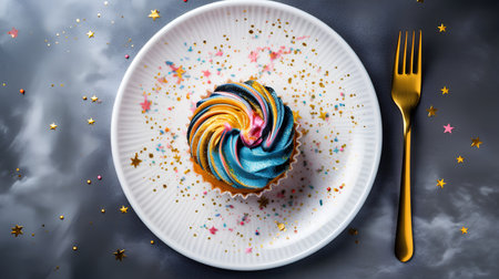 Cupcake with rainbow icing on a white plate with gold fork on a dark background.の素材