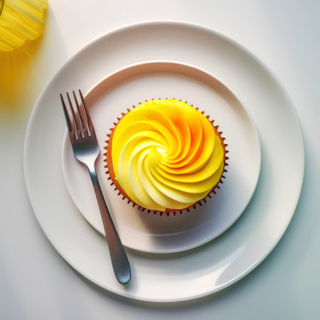 Cupcake with buttercream on a white plate with a forkの素材