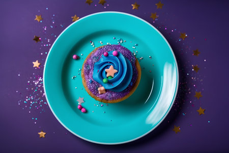 Cupcake with blue icing and colorful sprinkles on purple backgroundの素材