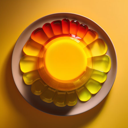Top view of colorful jelly pudding on a plate on yellow background.の素材