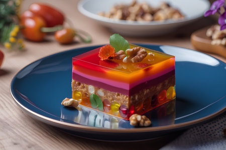 Colorful jelly dessert with nuts, selective focus, close-upの素材