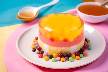 Colorful jelly pudding on a plate with spoon and bowl of honeyの素材
