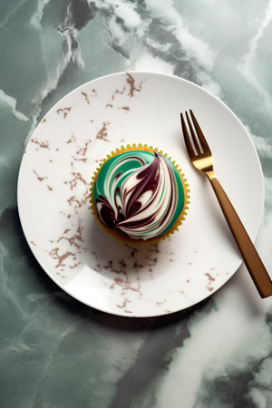 Cupcake on a plate with fork and knifele backgroundの素材