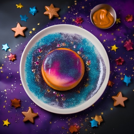 Delicious colorful macaroon on a plate with stars and confettiの素材