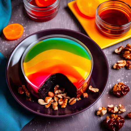 Tasty jelly with nuts on a dark background. Selective focus.の素材