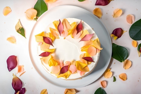 Luxury birthday cake decorated with rose petals, top viewの素材