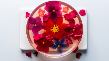 Beautiful petals of flowers in a glass bowl on a white backgroundの素材