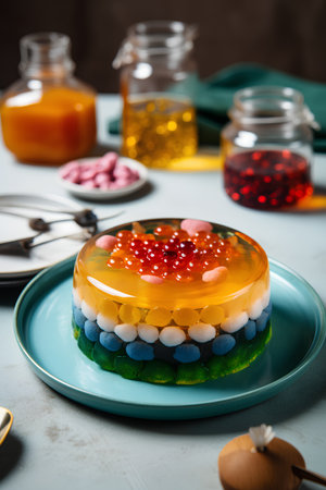 Colorful jelly pudding with marmalade and jelly beans. Selective focus.の素材