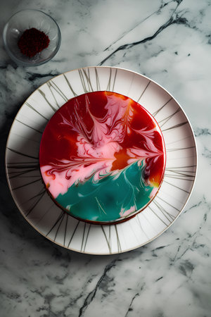 Plate with red, green and blue jelly on a marble backgroundの素材