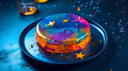 Birthday cake with colorful frosting and stars on a blue backgroundの素材