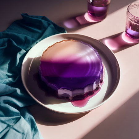 Blueberry cheesecake on white plate and glass of water on pink backgroundの素材