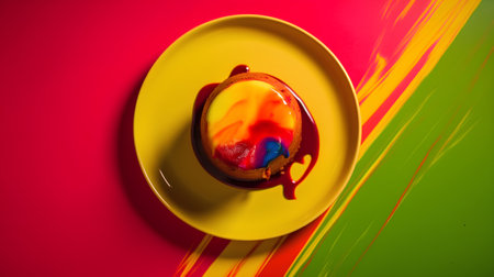Pudding on a yellow plate on a colorful background. View from above.の素材