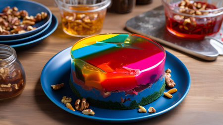 Colorful jelly dessert with nuts on a wooden background. Selective focus.の素材