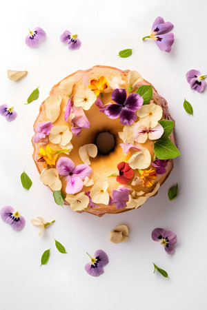 Donut with pansy flowers on white background. Top view.の素材