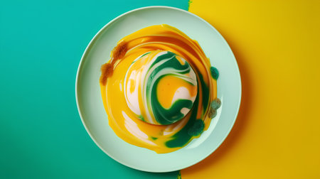 Panna cotta with yellow, green and white colors on a bright backgroundの素材