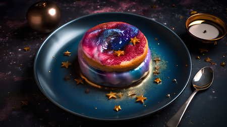 Christmas cake on a blue plate on a dark background with stars.の素材