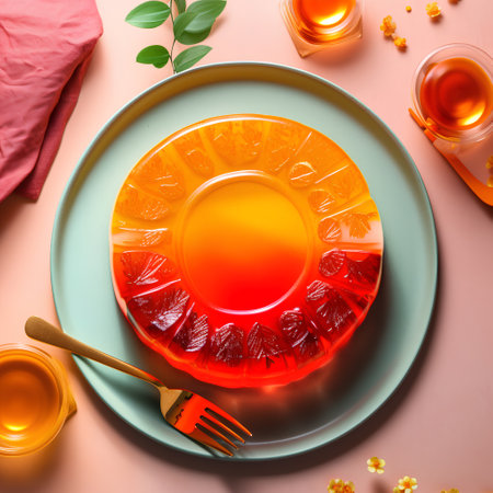 Plate with tasty jelly pudding and honey on color background, top viewの素材