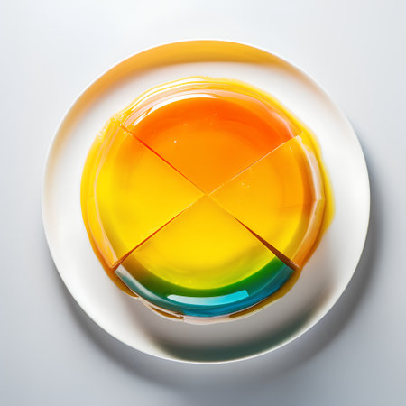 Top view of colorful jelly pudding on white plate over white background.の素材