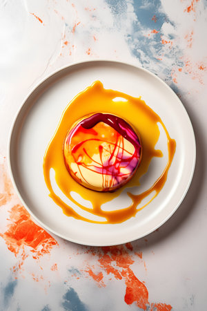 Panna Cotta with caramel sauce on a white plate, top viewの素材