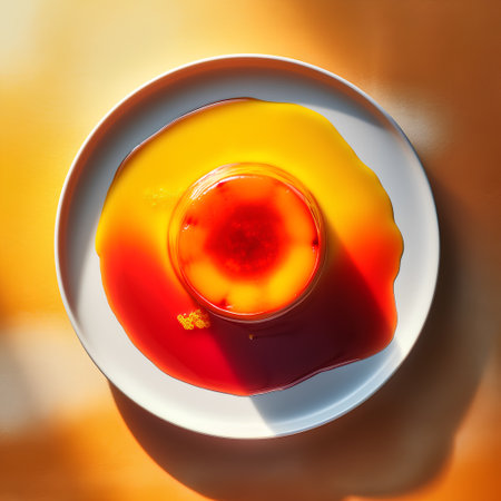 Photo for Panna cotta with red and yellow jelly on a white plate - Royalty Free Image