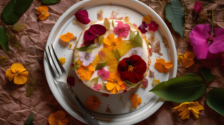 Cake decorated with flowers and petals of nasturtiumの素材