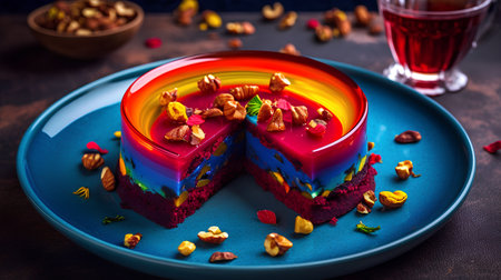 Colorful mousse cake with nuts on a plate. Selective focus.の素材