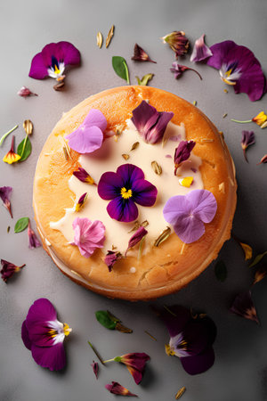 Delicious cake with violet flowers on grey background. Flat lay.の素材